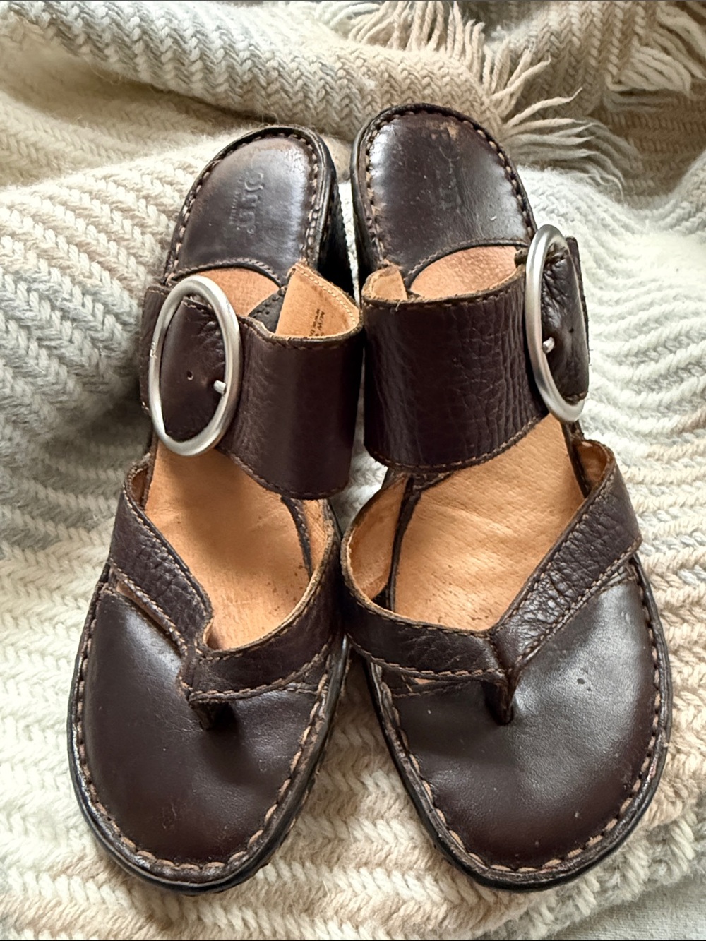 Born Dark Brown Leather Slide Sandals with Silver Buckle